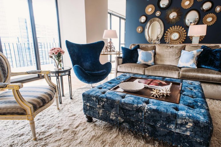 Navy Blue Coffee Table with Tufted Ottoman Roy Home Design