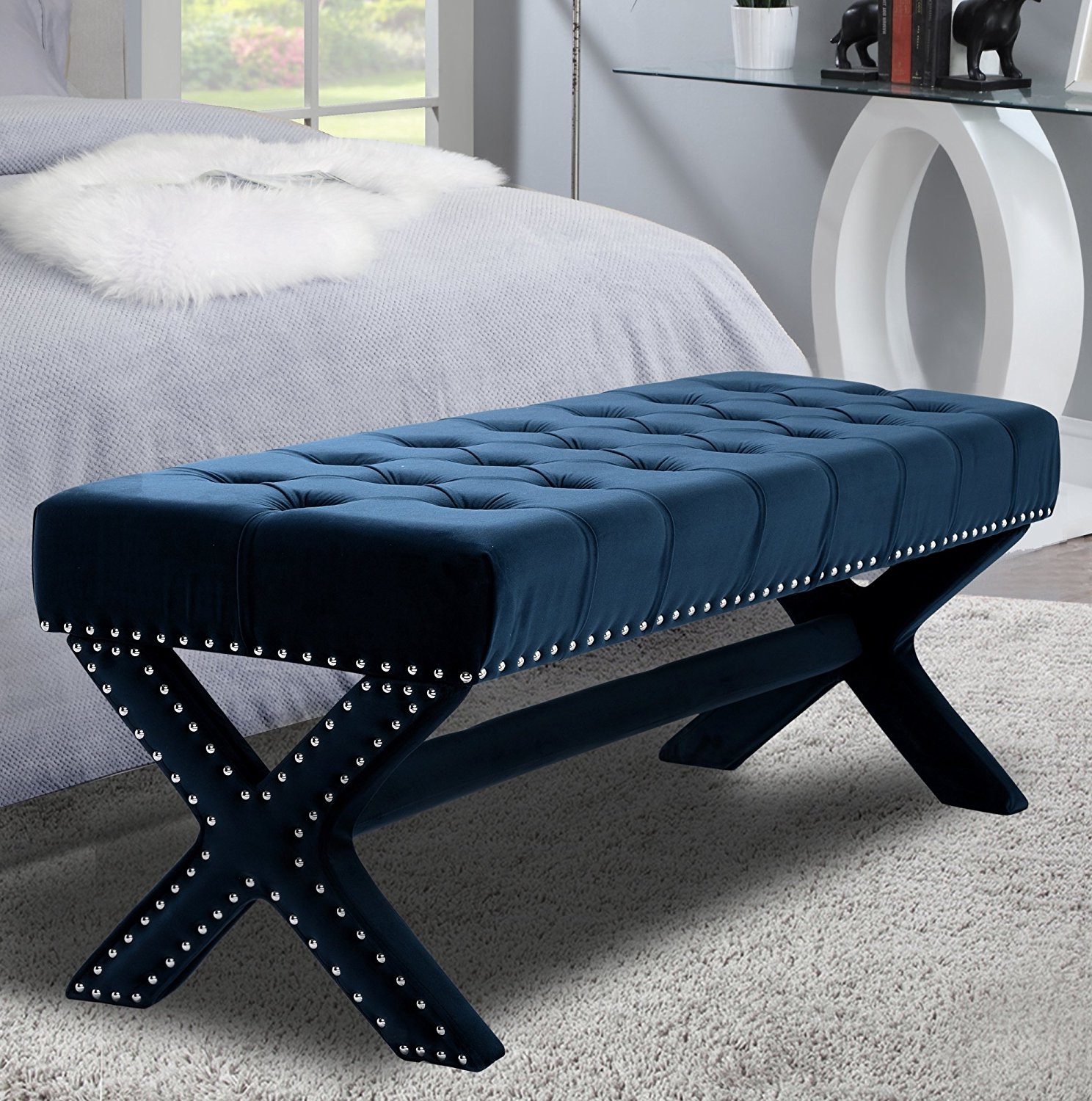 Navy Blue Coffee Table with Tufted Ottoman | Roy Home Design