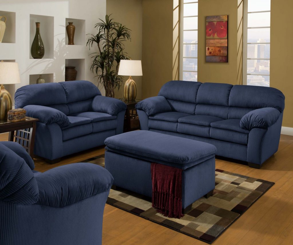 Navy Blue Coffee Table with Tufted Ottoman