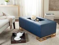 Navy Blue Coffee Table with Tufted Ottoman