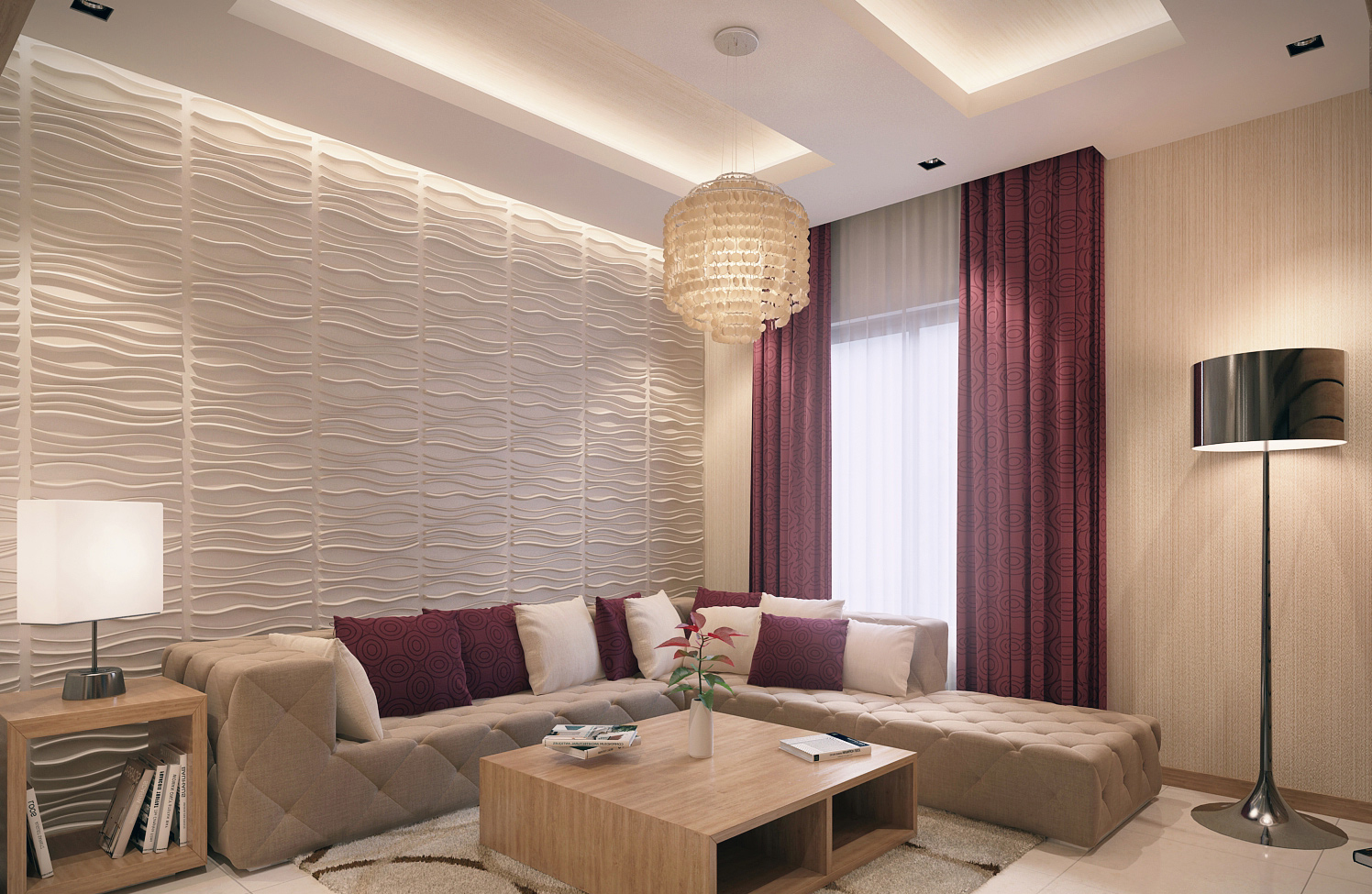 Burgundy Living Room With Burlap Curtain