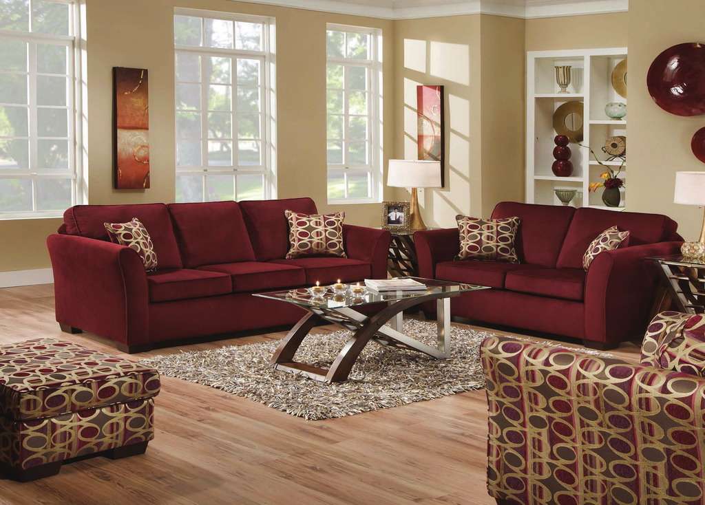 grey and burgundy living room