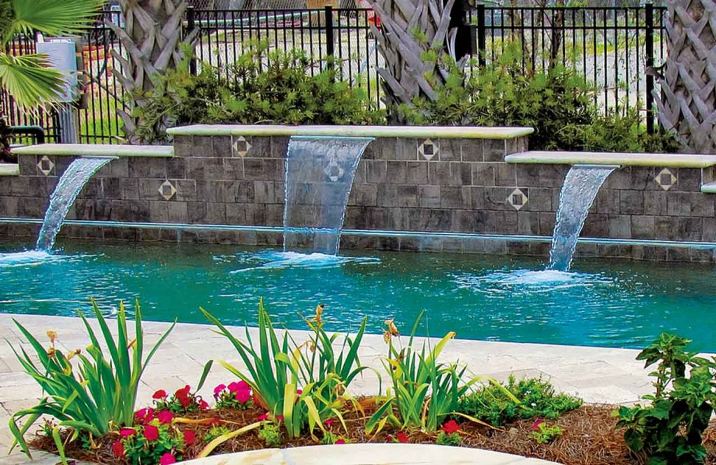 inground pool fountain with lights