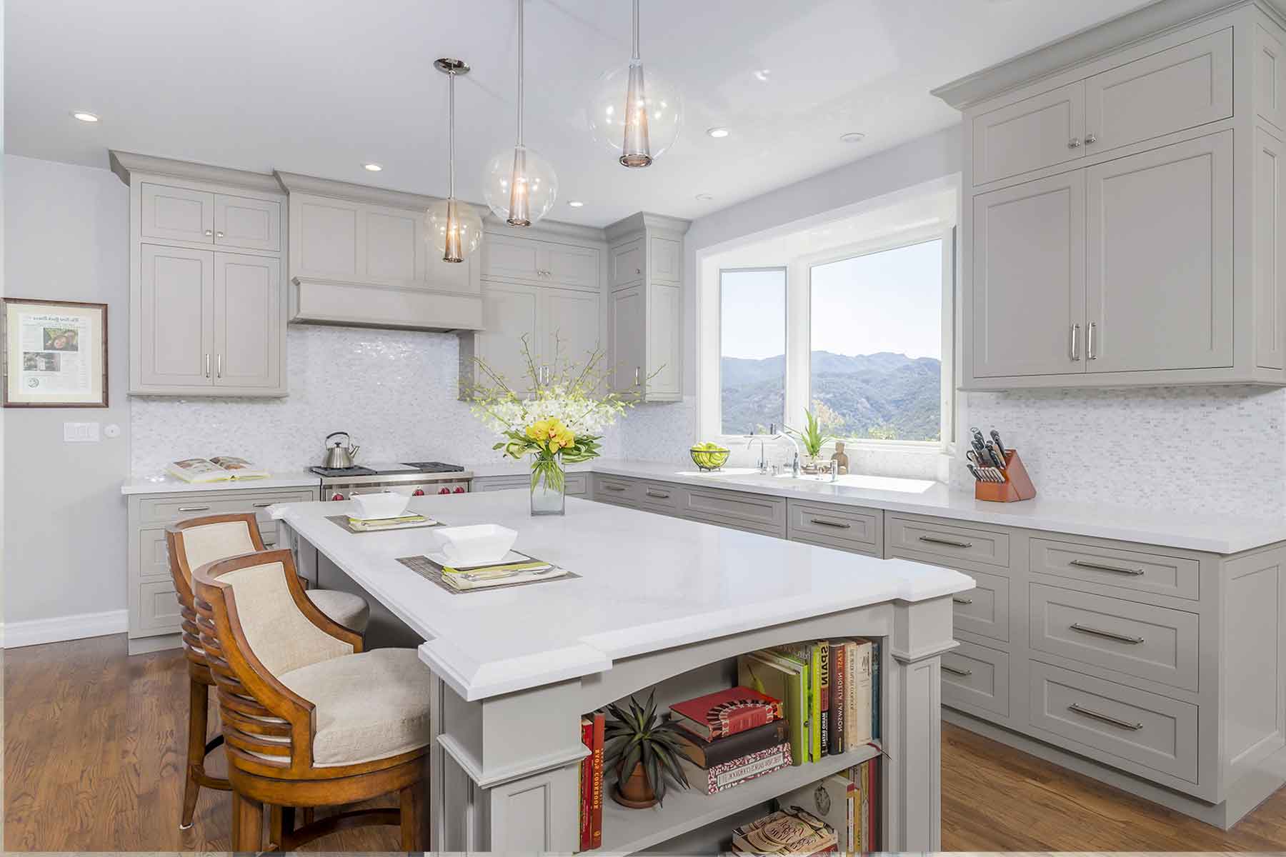 light grey cabinet in white kitchen