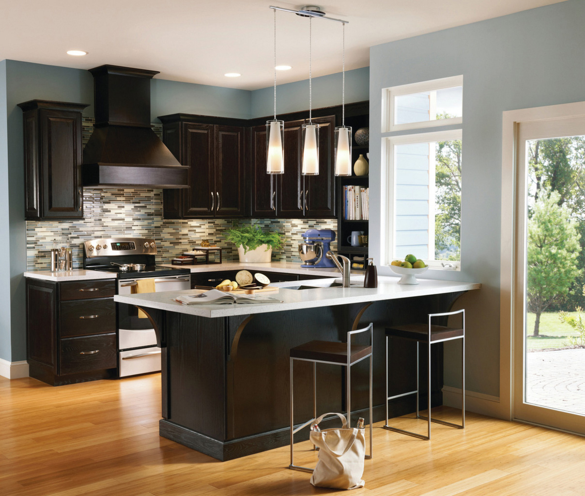 Espresso-Kitchen-Cabinets-triple-glass-modern-pendant-lamps-over-white-top-kitchen-island-with-sink-also-contemporary-kitchen-design.jpg