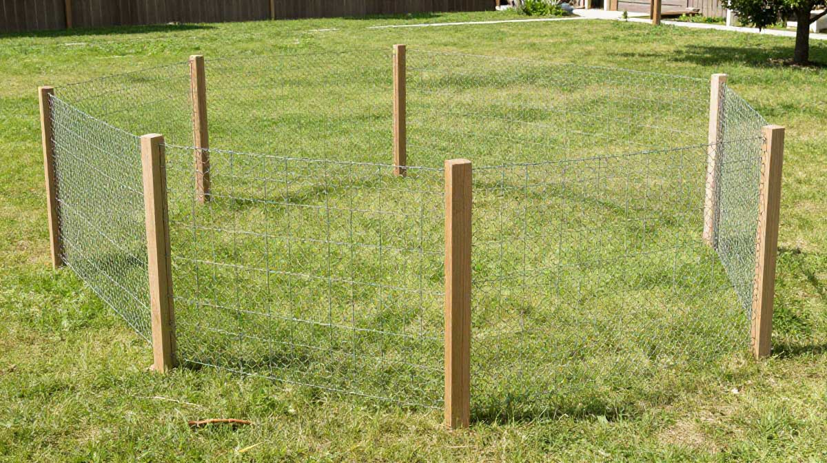 cheap chicken wire dog fence with wooden stakes