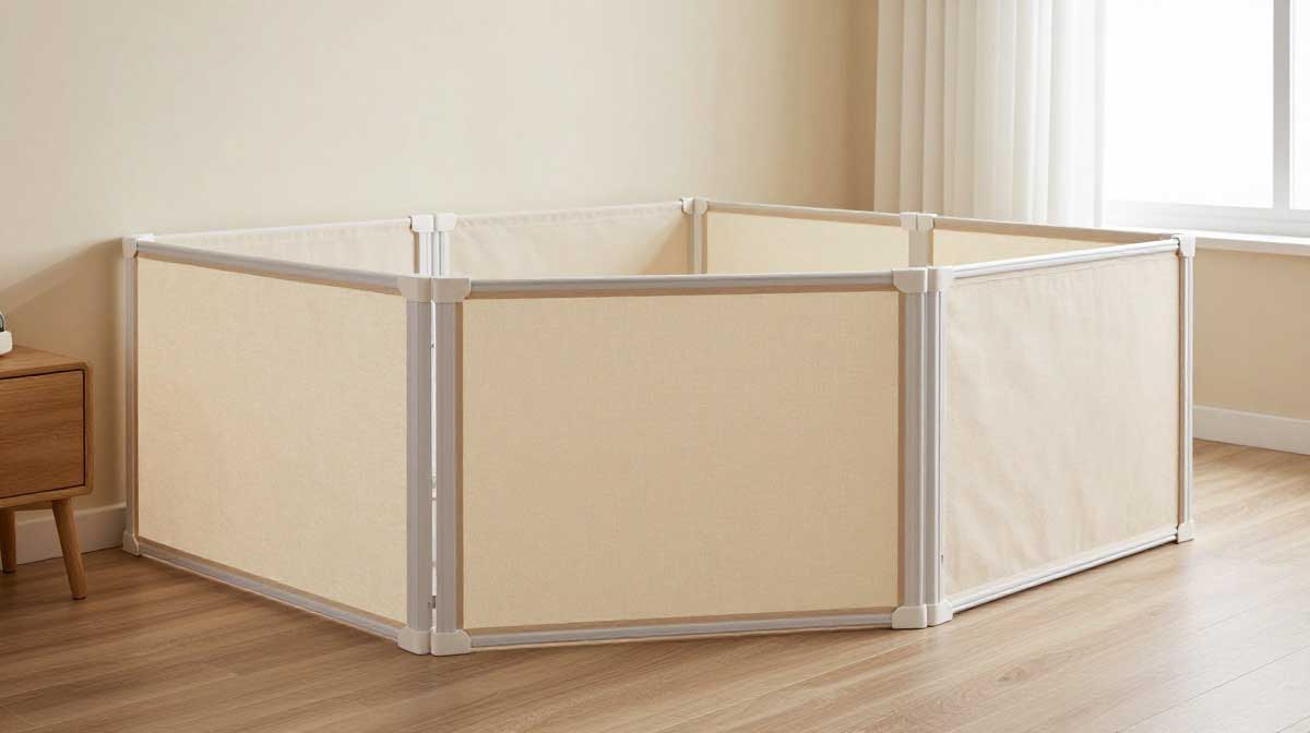 DIY indoor dog fence with fabric panels and PVC frame