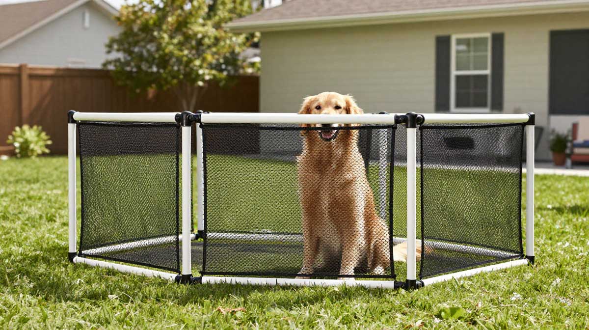 A portable DIY dog fence made of white PVC pipes and mesh netting in a sunny backyard with a dog.