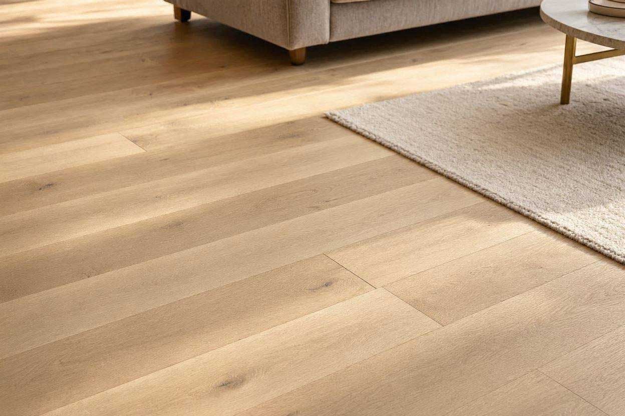 Premium wide-plank engineered hardwood flooring installed in a sunlit modern home