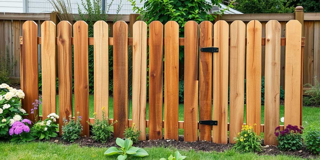 A sturdy DIY dog fence built from recycled wooden pallets in a garden setting.