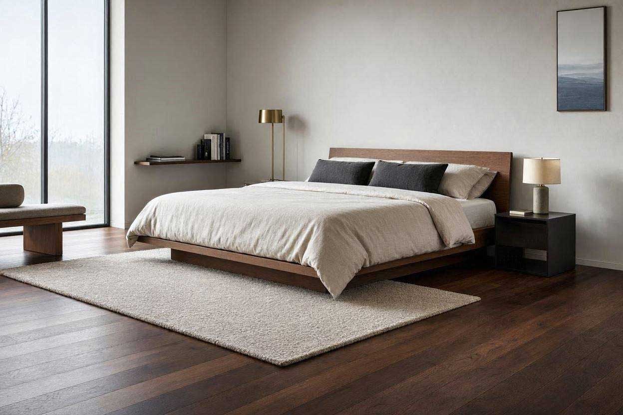 Premium dark walnut solid hardwood flooring installed in a luxury modern master bedroom