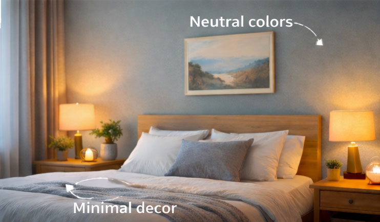 Calming bedroom colors and simple decor that support restful sleep