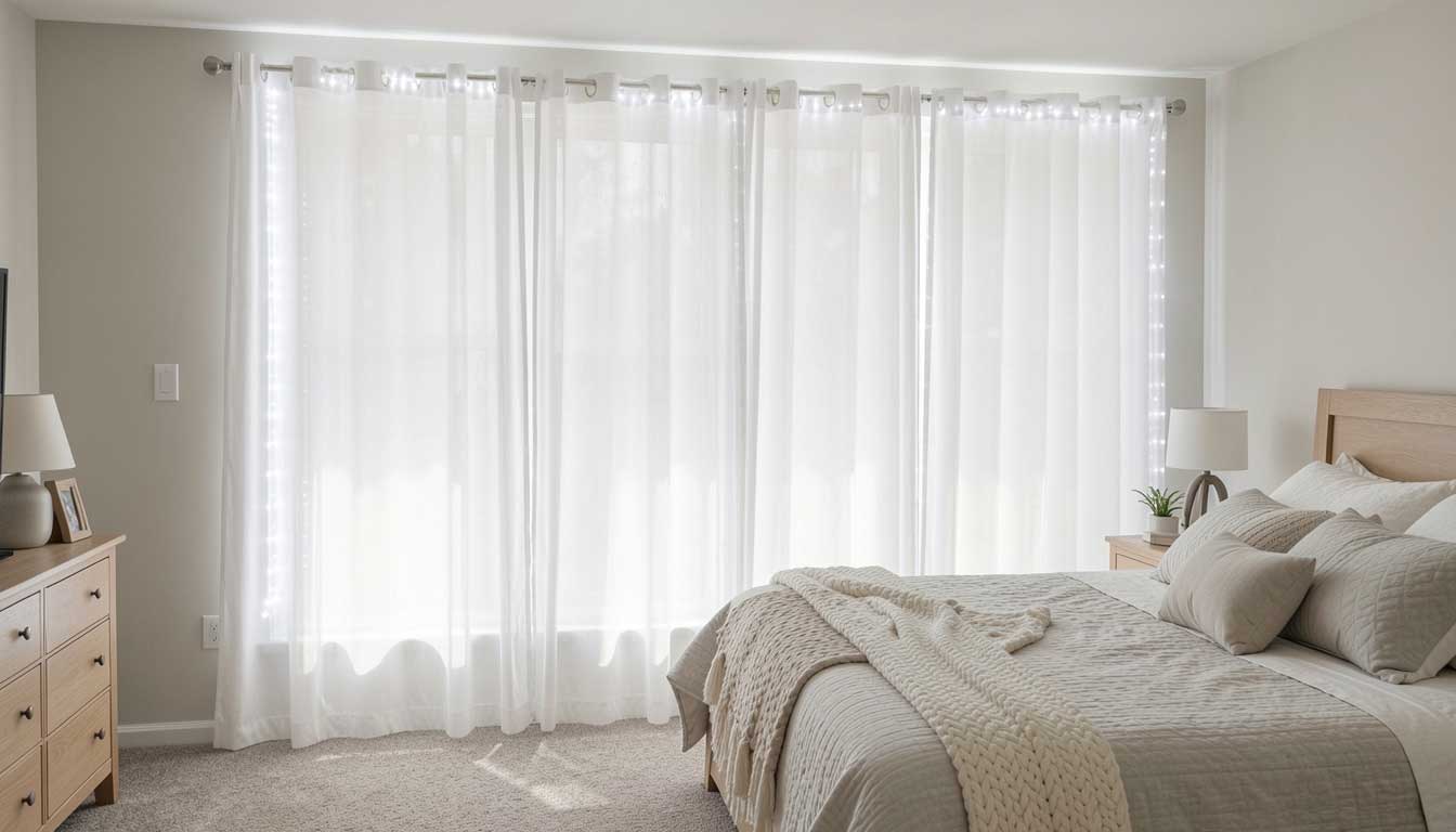 White sheer curtains with LED lights behind them simulating daylight in a basement bedroom