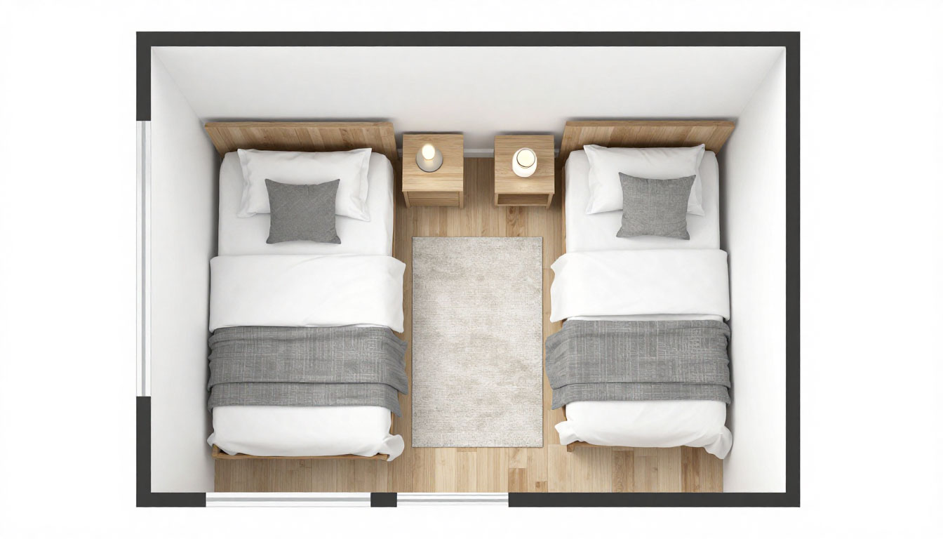 Balanced furniture layout with proper bed placement in a small bedroom