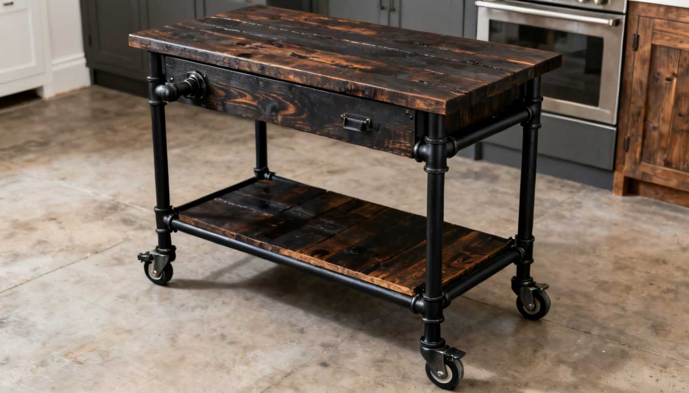 A DIY small kitchen island made of dark wood and industrial pipes.