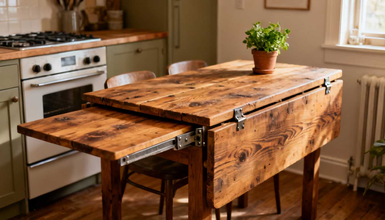 drop leaf kitchen island used in a small kitchen to save space and add seating