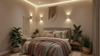 Bright windowless bedroom featuring full-spectrum LED ceiling lights to mimic natural sunlight.