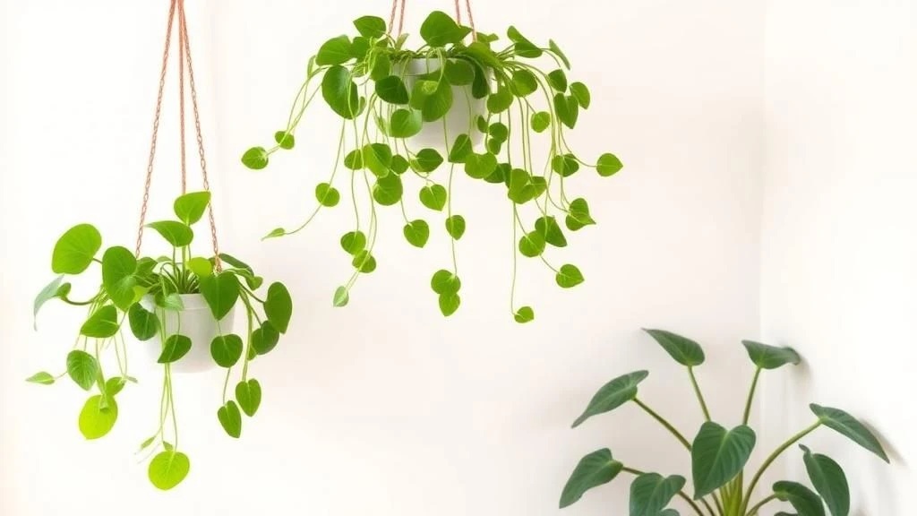 Trailing Pothos plant hanging from a high shelf in a small windowless bedroom to save floor space.
