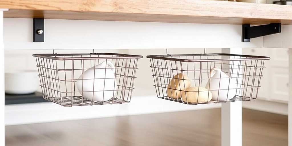 hanging wire baskets under kitchen island shelf for storage