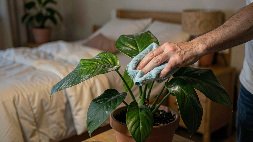 Wiping dust off indoor plant leaves in a windowless room to help them absorb artificial light efficiently.