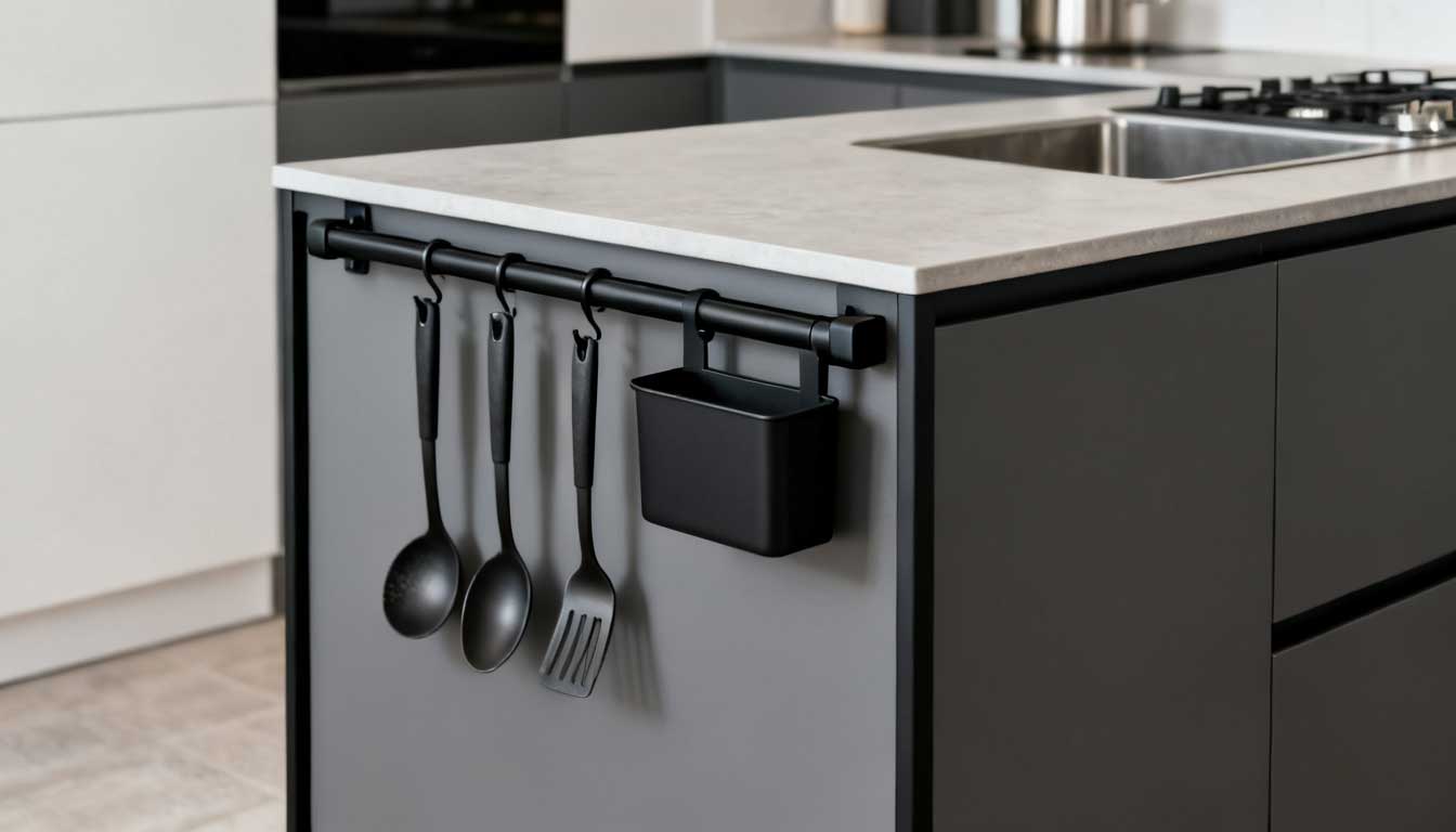 minimalist rail system for small kitchen island organization