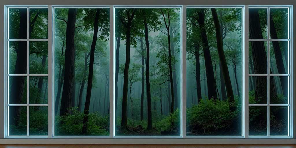 A forest wall mural framed with window trim and backlit with LED strips