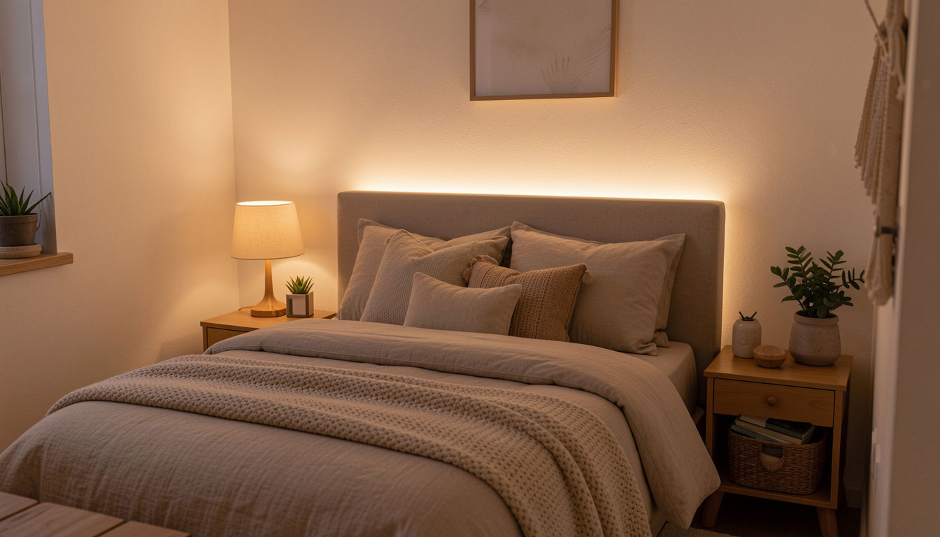 Modern small bedroom layout with warm LED strip lights behind the headboard and a large mirror to create depth.