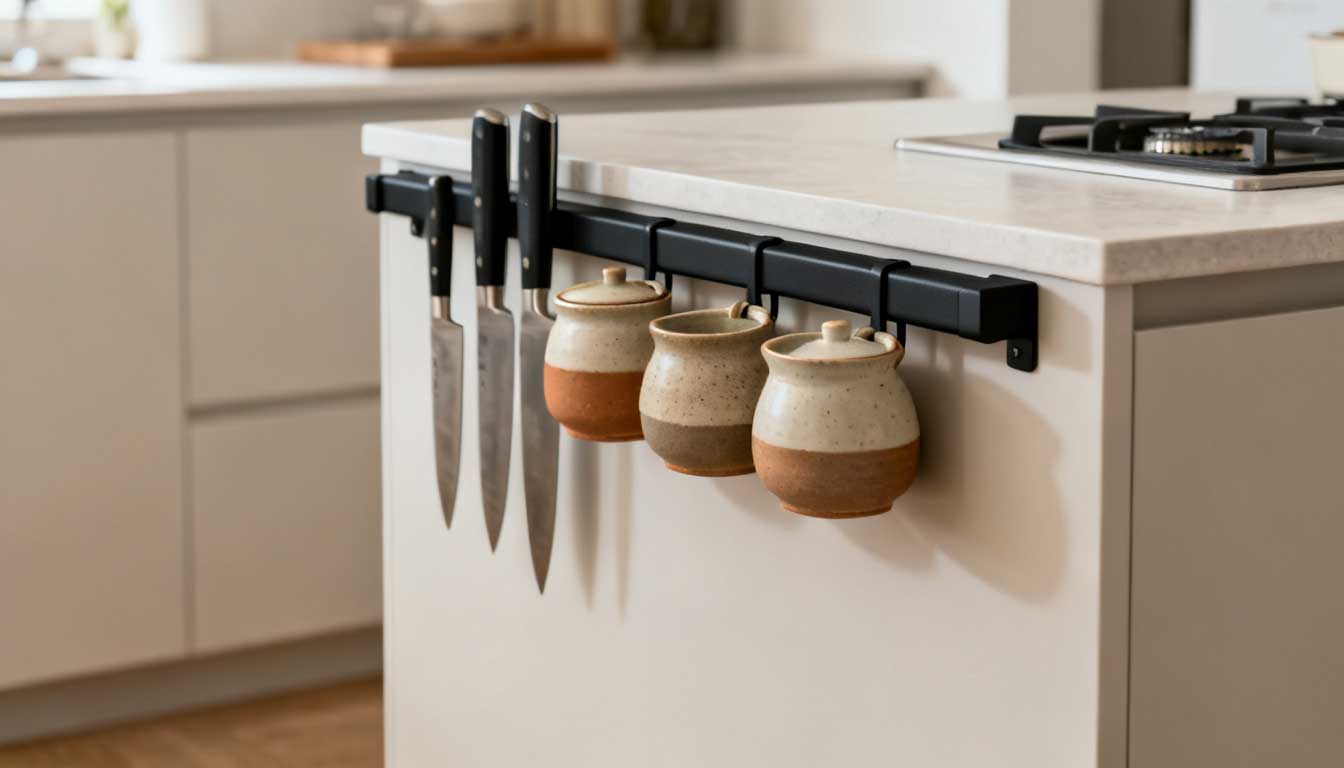 magnetic knife and spice strip on small kitchen island side