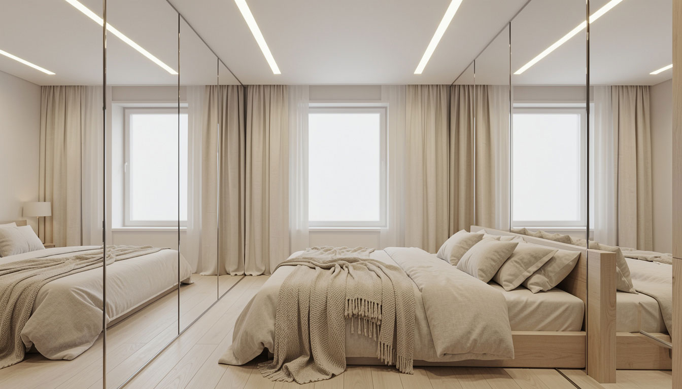 mirror and wall lighting used to make a small windowless bedroom look bigger and brighter