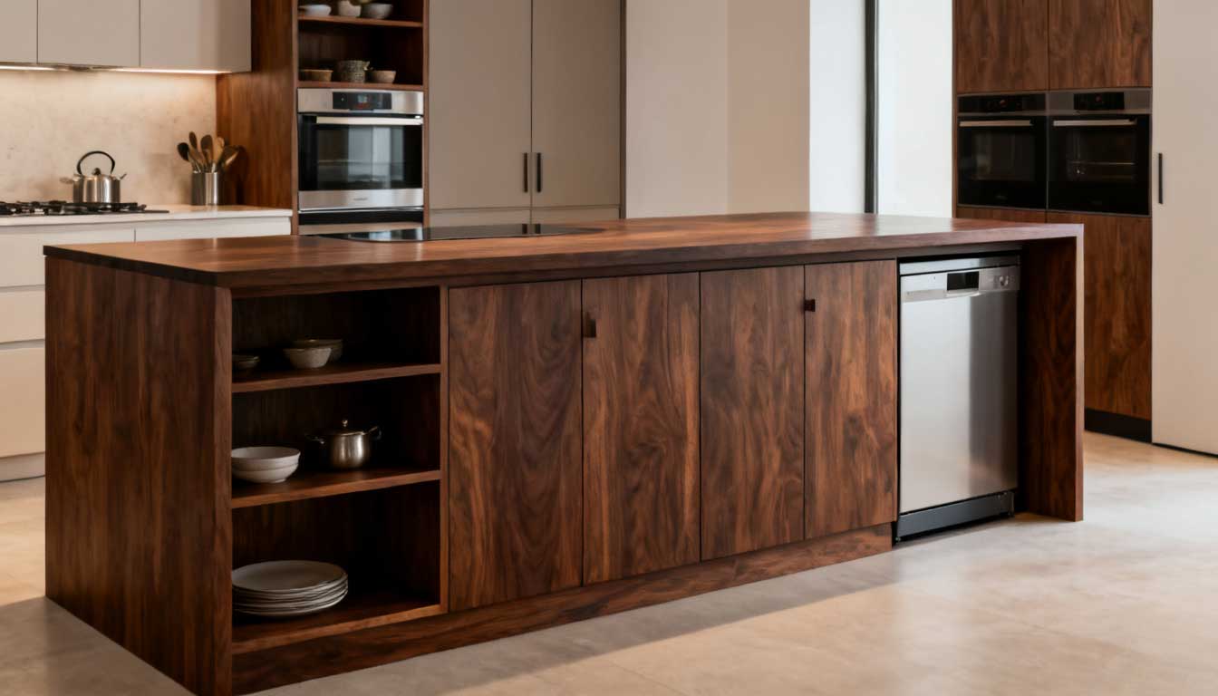 A narrow console-style island in a galley kitchen to improve storage and workflow