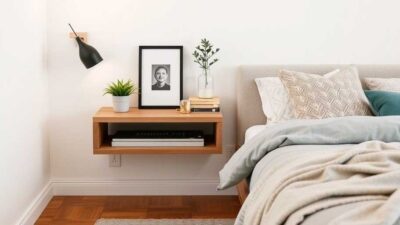 small bedroom using a floating shelf as a nightstand alternative to save space