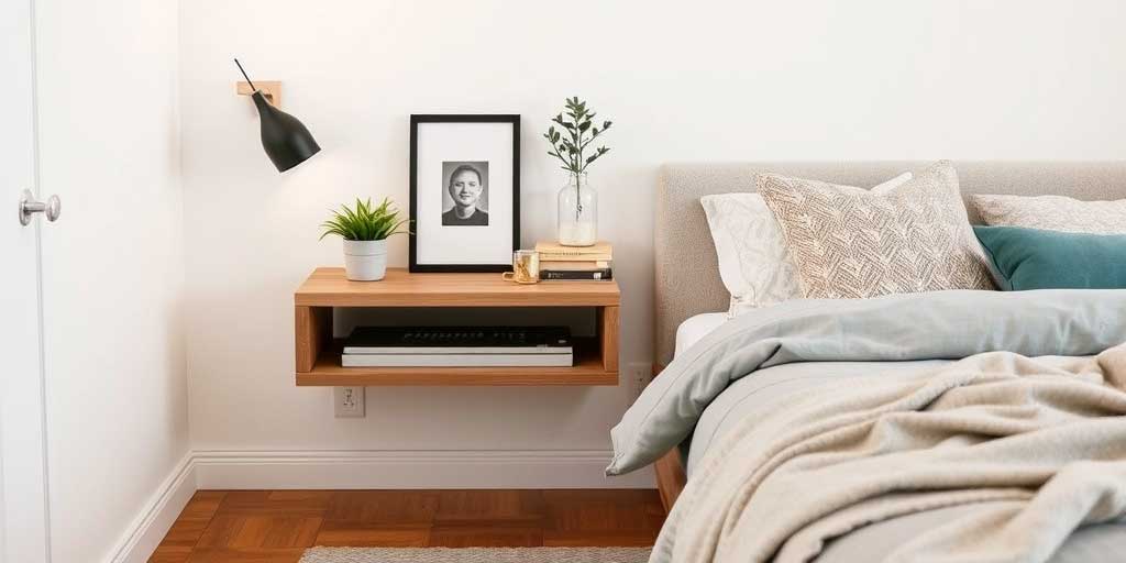 small bedroom using a floating shelf as a nightstand alternative to save space