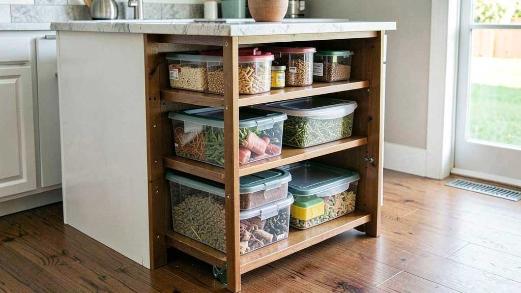 open shelf small kitchen island with organized containers