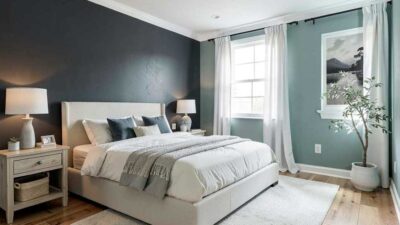 dark bedroom transformed with light paint colors to create a brighter and more open space