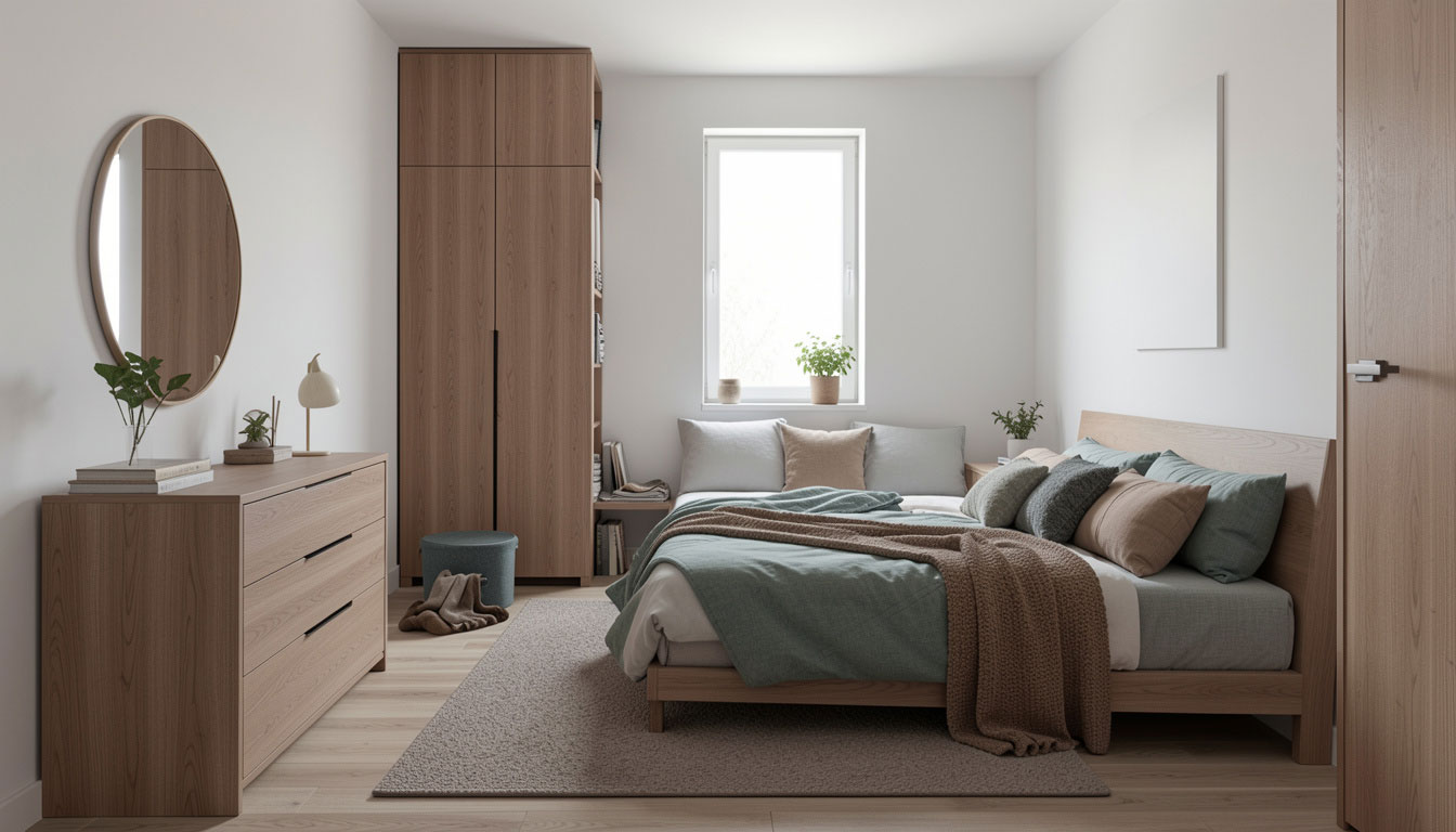 Small bedroom bed placement against a solid wall for better accessibility and comfort