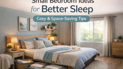 Soft and warm bedroom lighting in a small bedroom designed to support better sleep and relaxation.