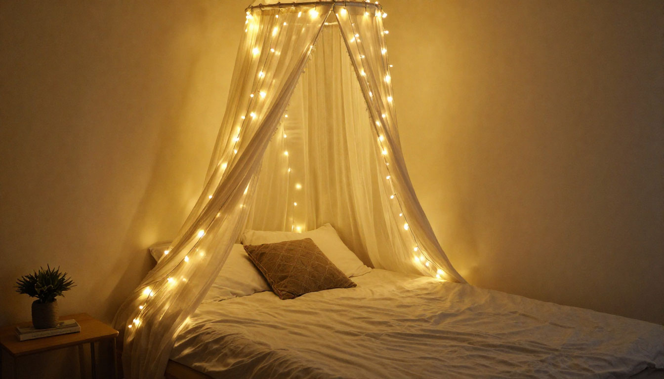 small bedroom with no windows using layered lighting to create a bright and cozy atmosphere