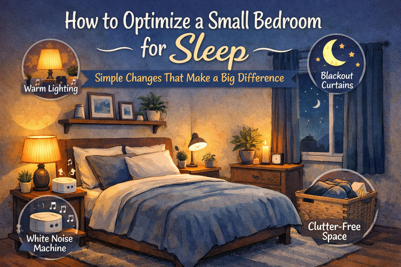 A small bedroom optimized for sleep with minimal furniture, soft lighting, and a clutter-free layout
