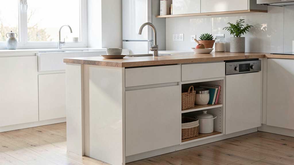 aesthetic small kitchen island with minimal clutter and storage