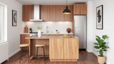 small kitchen island with seating and storage in a compact modern kitchen