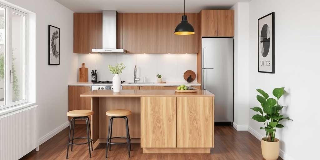 small kitchen island with seating and storage in a compact modern kitchen