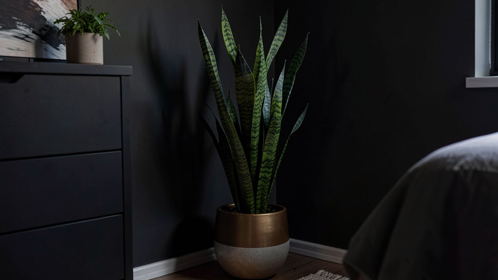 snake plant and zz plant placed in a low light bedroom suitable for dark rooms