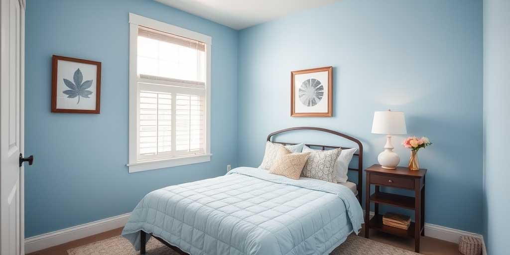 Pale blue walls in a small bedroom to create an illusion of sky and space.
