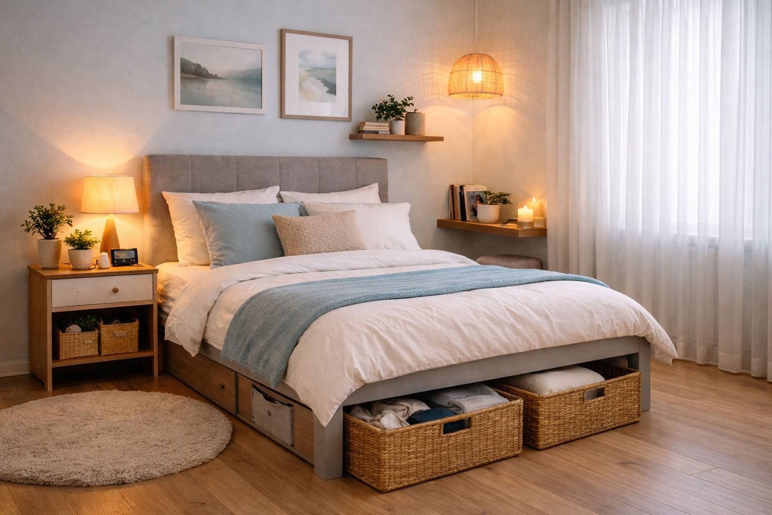 Under-bed storage solutions in a small bedroom to reduce clutter and create a more restful sleep environment.