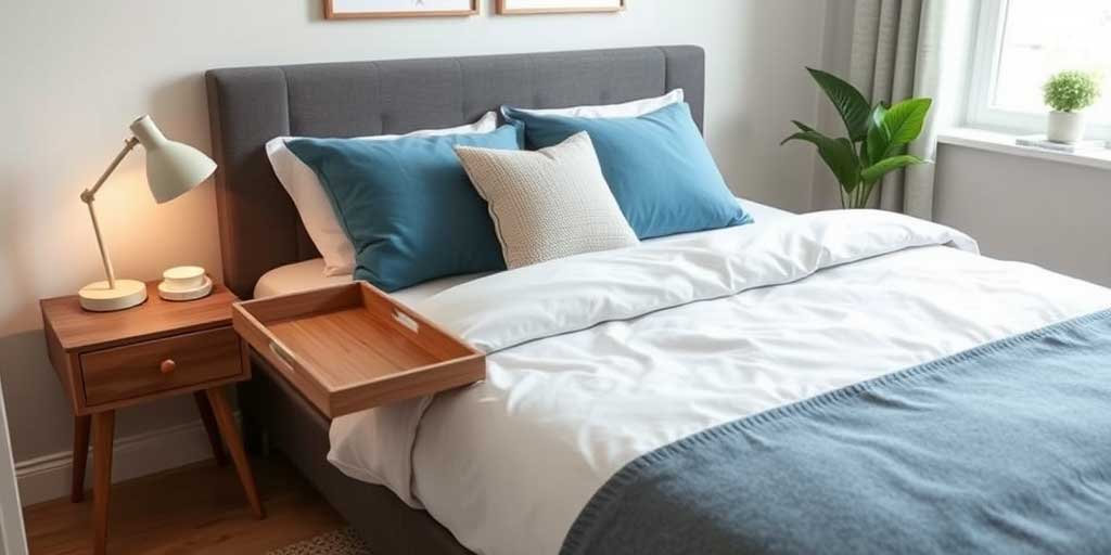 A functional clip-on bedside tray attached to a bed frame in a tiny bedroom