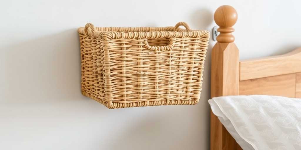A woven basket mounted on a bedroom wall for space-saving bedside storage