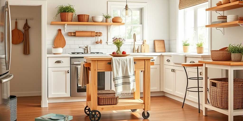 DIY rolling kitchen island with towel rack and storage hooks