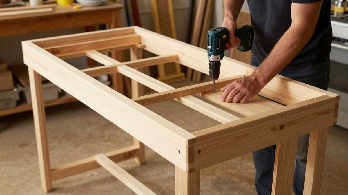 Assembling the wooden frame for a DIY rolling kitchen island