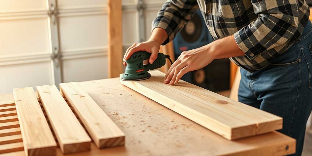 Close-up of a person manually sanding the smooth corners and edges of a pine wood board using sandpaper.