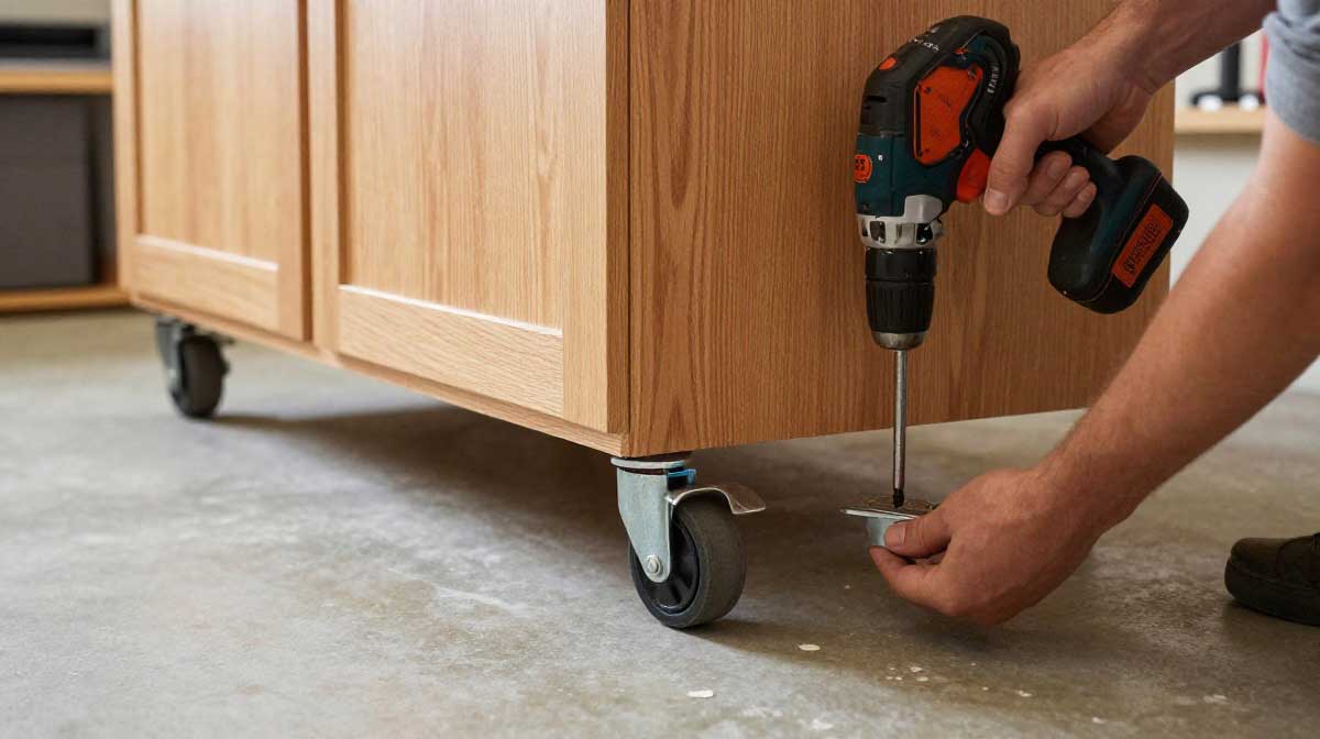 Installing heavy-duty rubber locking wheels onto the inverted wooden base of a rolling cart.